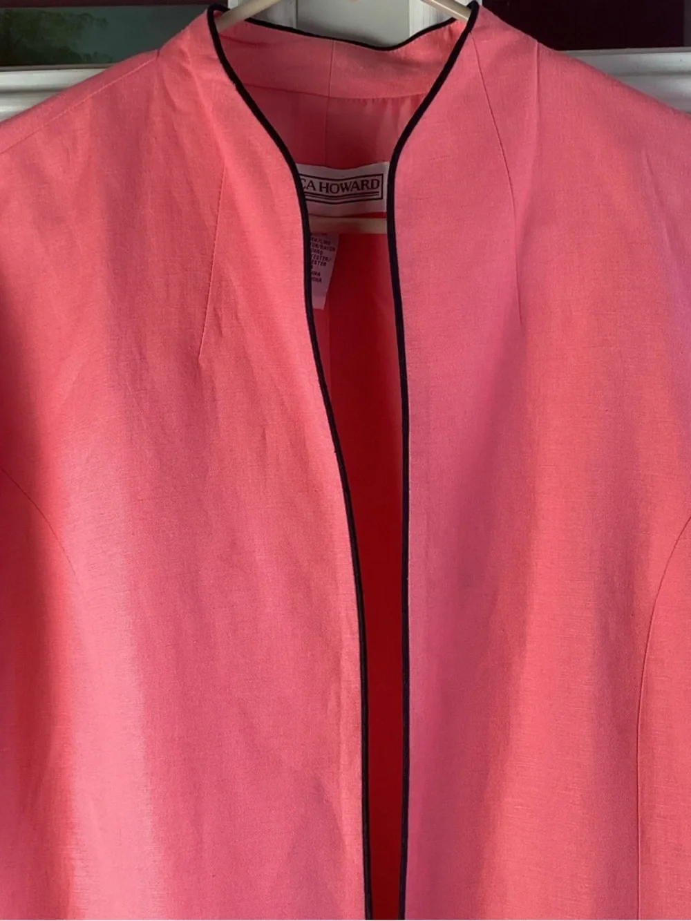 Jessica Howard Coral-Pink Open Front Blazer jacket with Black Trim linen blend - Picture 2 of 7